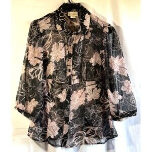 Sarah B Studio Sheer Floral Black/Pink Long Sleeve Blouse Sz Medium